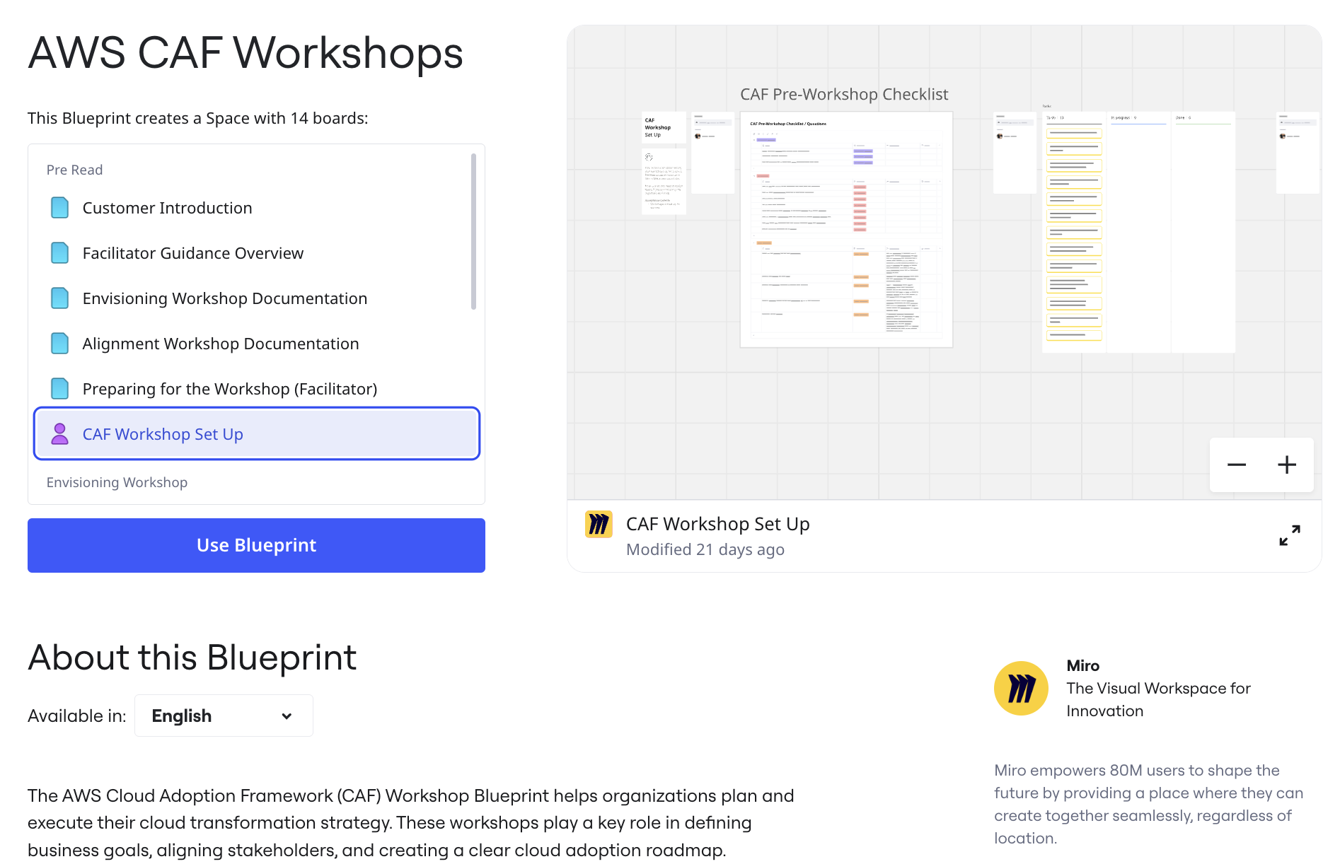 Miro für AWS Cloud Adoption Framework (CAF) Workshops