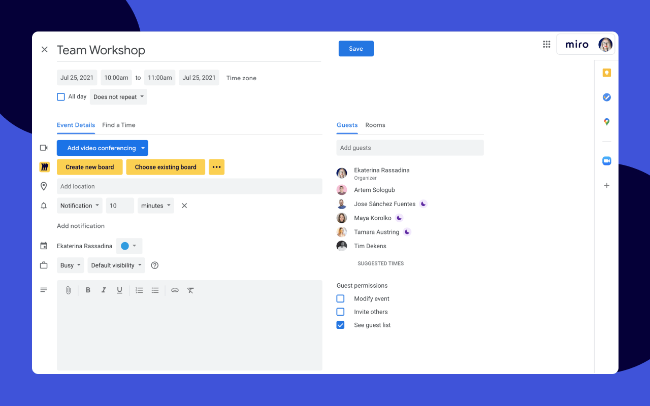 Was ist neu: Miro-Whiteboard für Google Kalender