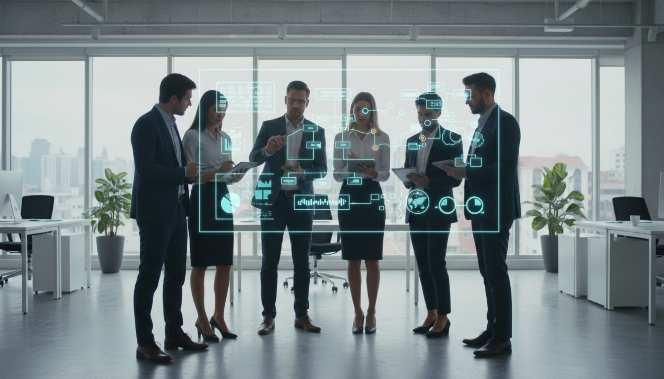 Office Team Brainstorming With Digital Interface Wide Angle