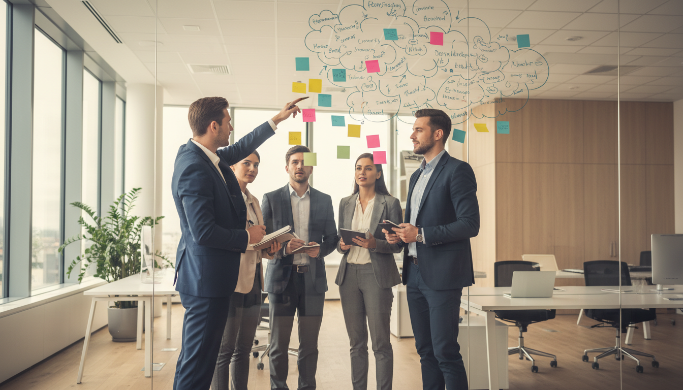Office Team Brainstorming With Sticky Notes Overhead Office Team Brainstorming With Sticky Notes Overhead