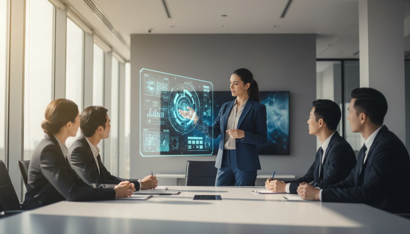 Businesswoman Presenting Digital Design Wide Angle