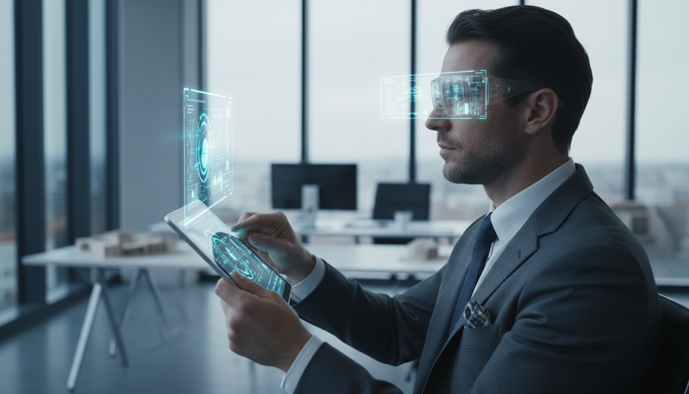 Business Suit Executive Using Advanced Tech Tools Close-Up