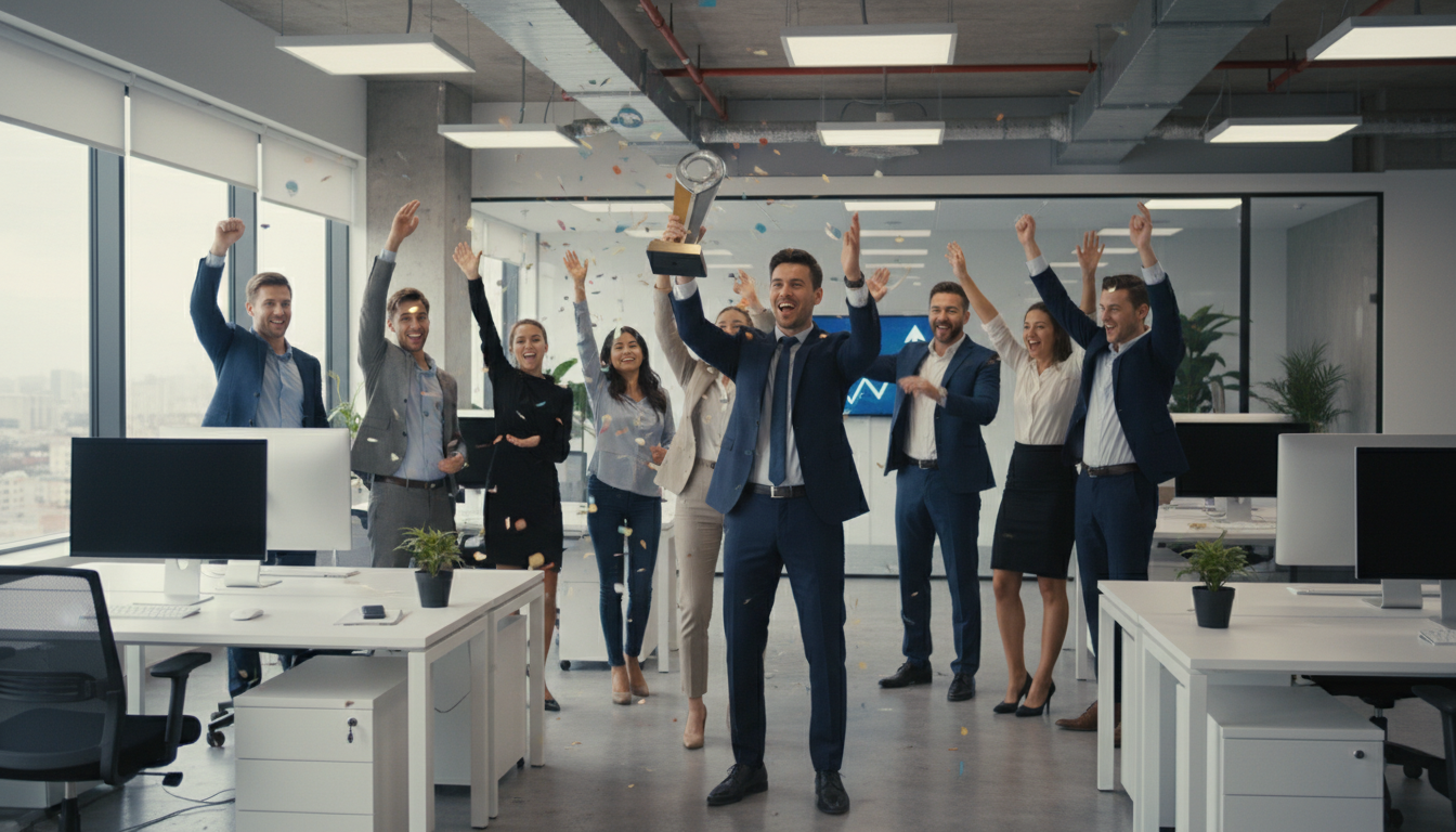 Winning Team Celebrating In Modern Office Wide Angle